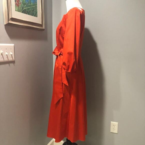 Elie Tahari Orange Midi Knee Length Fit Flare Pockets Belted Cotton Dress Size 6 - Picture 5 of 16